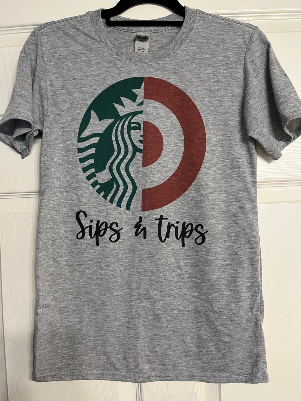Gildan Heather Gray Tee with Green and Rust Graphic - "Sips & Trips"